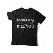 Мужская футболка с прикольным принтом "Sharks will kill you"