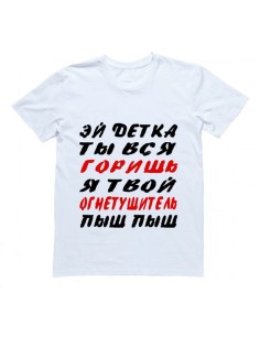 Мужская футболка с прикольным принтом "Эй детка ты вся горишь, я твой огнетушитель, пыш пыш"