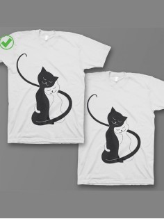 Красивые парные футболки с надписями/для влюбленных с принтом Пара кошек