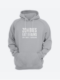 Худи с прикольным принтом Zombies eat brains / Толстовка с капюшоном с карманом, без молнии