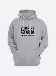 Худи с прикольным принтом Zombies eat brains / Толстовка с капюшоном с карманом, без молнии