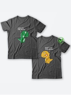 Футболки для двоих со смешными надписями с принтом Динозаврики/Парные для влюбленных