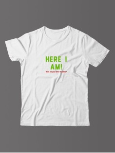 Футболка для мужчины с оригинальной надписью "Here i am"/Прикольная