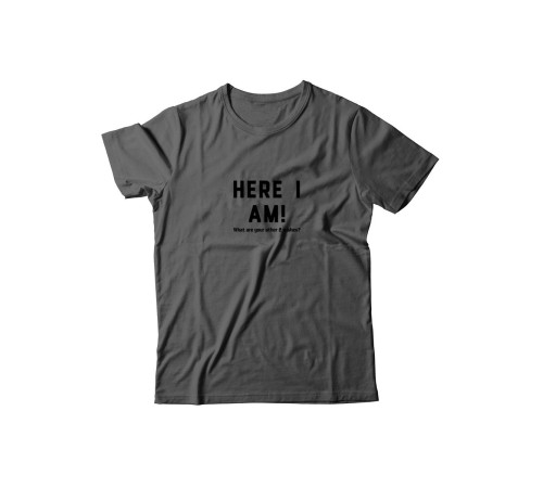 Футболка для мужчины с оригинальной надписью "Here i am"/Прикольная