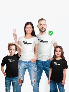 Футболки Фэмили Лук для мамы, папы, сына с принтом The original&remix / Family look для всей семьи
