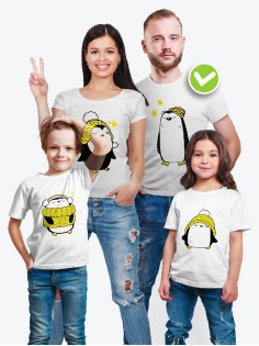 Футболки Family Look для всей семьи Пингвины желтые | Футболки Фэмили Лук