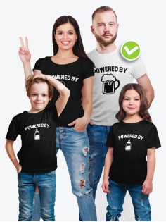 Футболки family look для всей семьи с принтом Powered by | Прикольные одинаковые семейные футболки