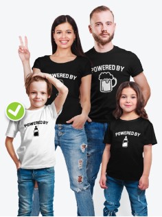Футболки family look для всей семьи с принтом Powered by | Прикольные одинаковые семейные футболки