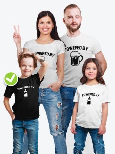 Футболки family look для всей семьи с принтом Powered by | Прикольные одинаковые семейные футболки