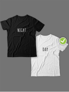 Смешные и оригинальные парные футболки для двоих влюблённых с принтом day & night