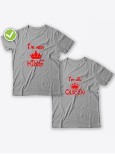 Смешные и оригинальные парные футболки для двоих влюблённых с принтом Im her KING & Im his QUEEN