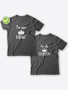 Смешные и оригинальные парные футболки для двоих влюблённых с принтом Im her KING & Im his QUEEN