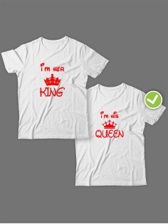 Смешные и оригинальные парные футболки для двоих влюблённых с принтом Im her KING & Im his QUEEN