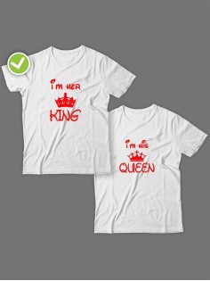 Смешные и оригинальные парные футболки для двоих влюблённых с принтом Im her KING & Im his QUEEN