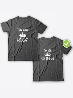 Смешные и оригинальные парные футболки для двоих влюблённых с принтом Im her KING & Im his QUEEN