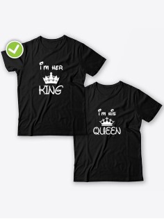 Смешные и оригинальные парные футболки для двоих влюблённых с принтом Im her KING & Im his QUEEN
