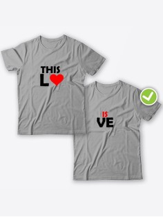 Смешные и оригинальные парные футболки для двоих влюблённых с принтом This lo & is ve
