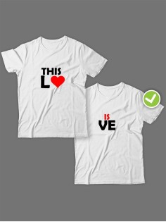 Смешные и оригинальные парные футболки для двоих влюблённых с принтом This lo & is ve