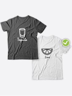 Смешные и оригинальные парные футболки для двоих влюблённых с принтом Текила & лайм