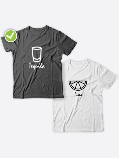 Смешные и оригинальные парные футболки для двоих влюблённых с принтом Текила & лайм