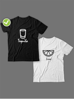 Смешные и оригинальные парные футболки для двоих влюблённых с принтом Текила & лайм