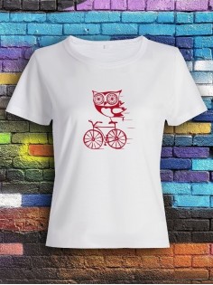 Футболка женская с рисунком Сова на велике | Модная, прикольная и стильная футболка