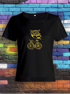 Футболка женская с рисунком Сова на велике | Модная, прикольная и стильная футболка