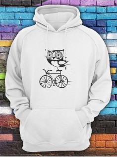 Худи мужское с принтом Сова на велике | Модная и стильная толстовка с капюшоном