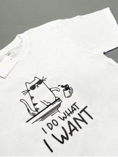 Футболка оверсайз с принтом с приколом Sharp&Shop Белая футболка оверсайз принт I do what I want мем с котом