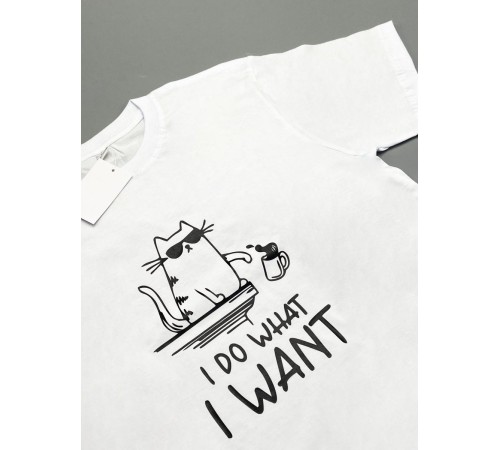 Футболка оверсайз с принтом с приколом Sharp&Shop Белая футболка оверсайз принт I do what I want мем с котом