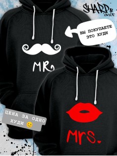 Парные толстовки, худи Sharp&Shop Парные худи мужское черное с принтом mr мистер с усами паре