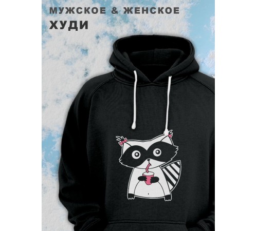 Парные толстовки, худи Sharp&Shop Парные худи черное оверсайз с принтом енот девочка для пар