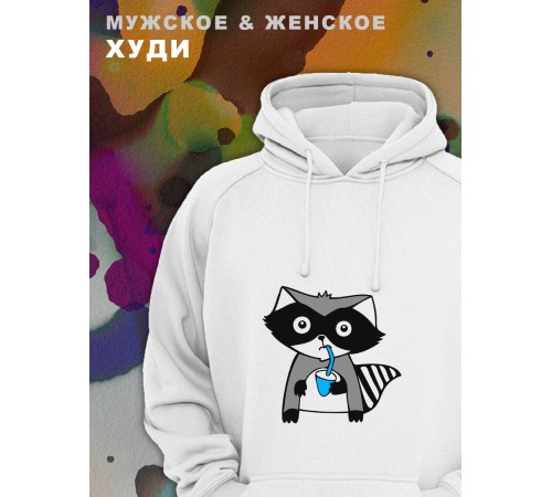 Парные толстовки, худи Sharp&Shop Парные худи белое оверсайз с принтом енот мальчик для пар