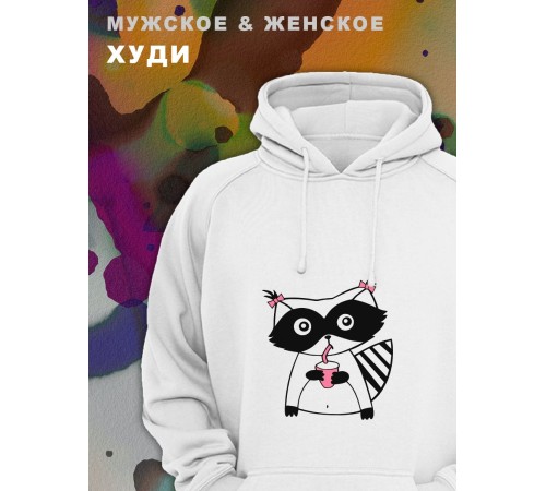 Парные толстовки, худи Sharp&Shop Парные худи белое оверсайз с принтом енот девочка для пар