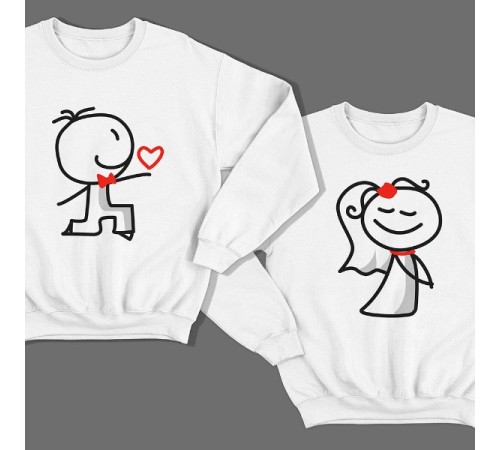 Парные свитшоты для молодоженов со смешными изображениями жениха и невесты.