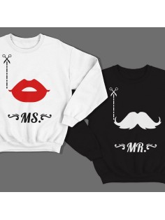 Парные свитшоты для влюбленных с изображениями губ и усов и надписями "Mr" и "Ms"