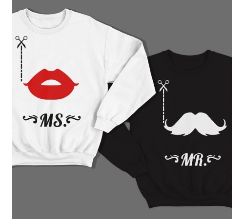 Парные свитшоты для влюбленных с изображениями губ и усов и надписями "Mr" и "Ms"