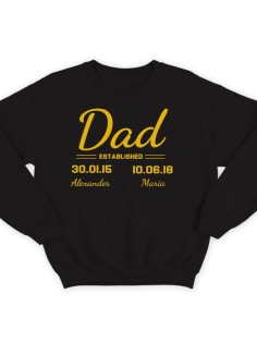 Свитшот в подарок для папы с надписью "Dad established", с датой рождения и именами детей