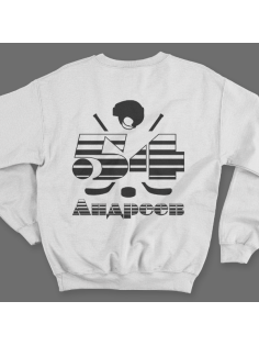 Именной свитшот с полосатым шрифтом и хоккейными принадлежностями #66