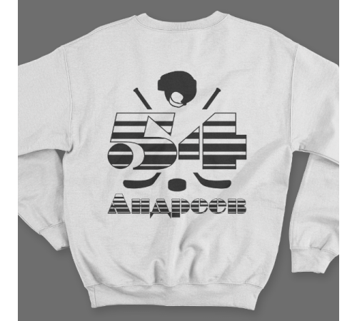 Именной свитшот с полосатым шрифтом и хоккейными принадлежностями #66