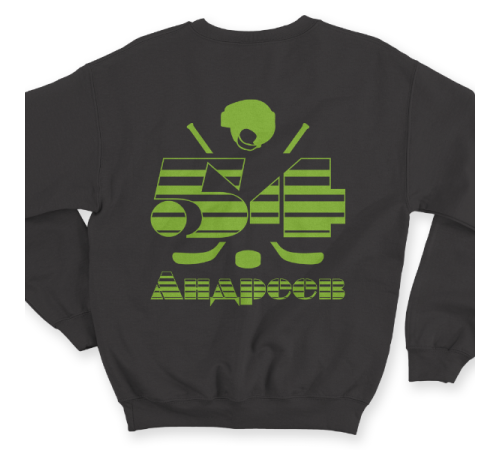 Именной свитшот с полосатым шрифтом и хоккейными принадлежностями #66