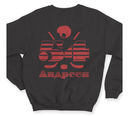 Именной свитшот с полосатым шрифтом и хоккейными принадлежностями #66