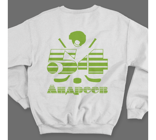 Именной свитшот с полосатым шрифтом и хоккейными принадлежностями #66