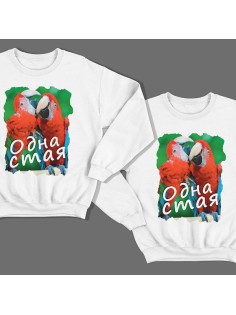 Парные свитшоты для влюбленных с изображениями попугаев и надписью "Одна стая"