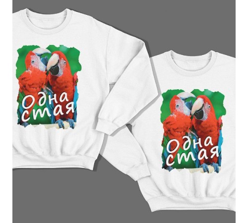 Парные свитшоты для влюбленных с изображениями попугаев и надписью "Одна стая"