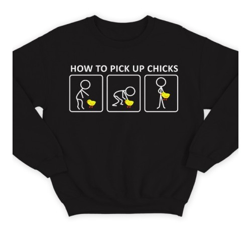 Прикольный свитшот с надписью "How to pick up chicks" ("Как заполучить цыпу")