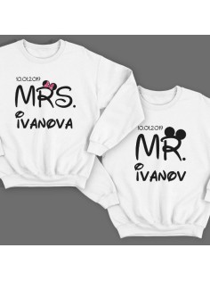 Парные свитшоты для молодоженов "Mr." и "Mrs." с датой свадьбы и фамилиями