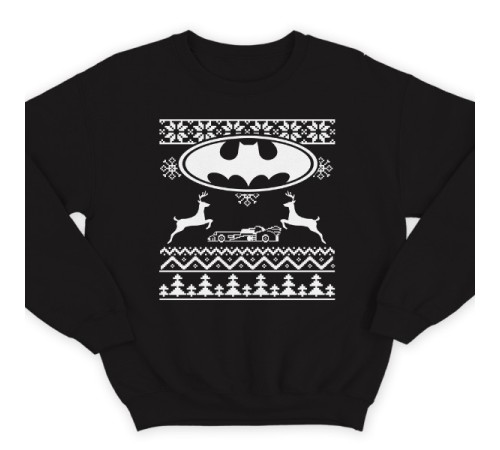 Прикольный свитшот с новогодним принтом и знаком бэтмена