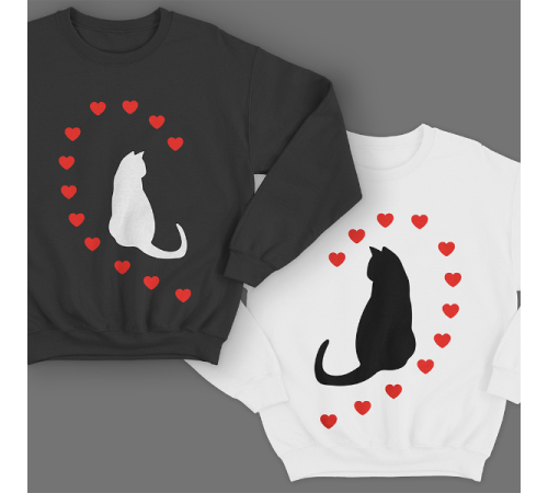 Парные свитшоты для молодоженов "Кошечки и сердечки"