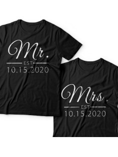 Парные футболки для мужа и жены "Mr." и "Mrs." с датой свадьбы